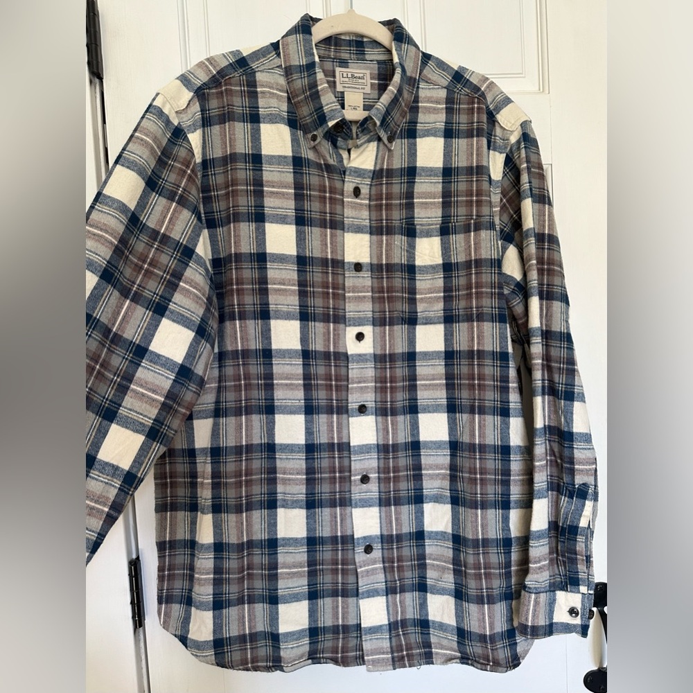 LL BEAN Mens Flannel SHIRT traditional fit PLAID blue 100% Cotton Excellent soft